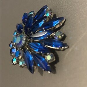 Copy Source Unknown Cobalt Blue Marquise Crystal Brooch with Aurora Accents